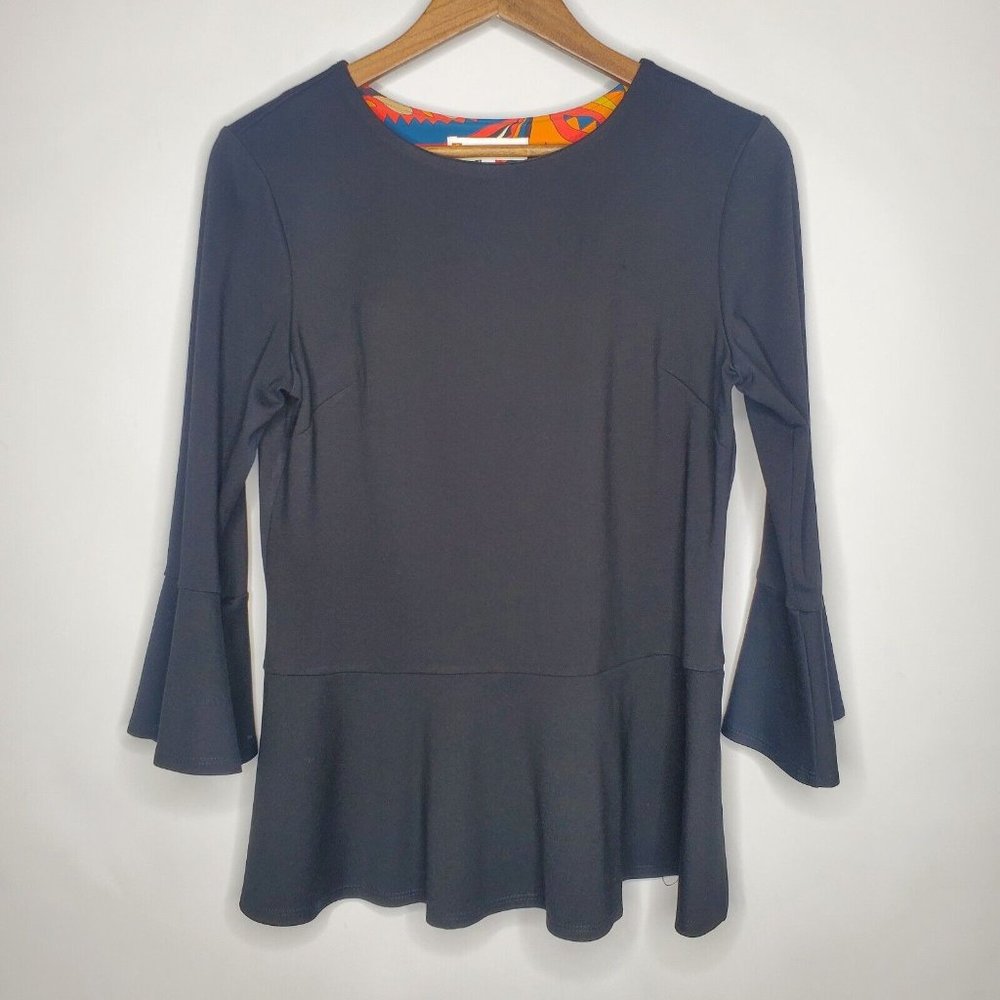 Jude Connally Womens Black Peplum Blouse Size M 3/4 Bell Sleeve Pullover Stretch
